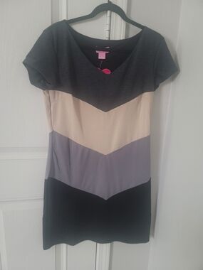 She's Cool Chevron Colorblock V-Neck Dress in Charcoal, Cream & Gray